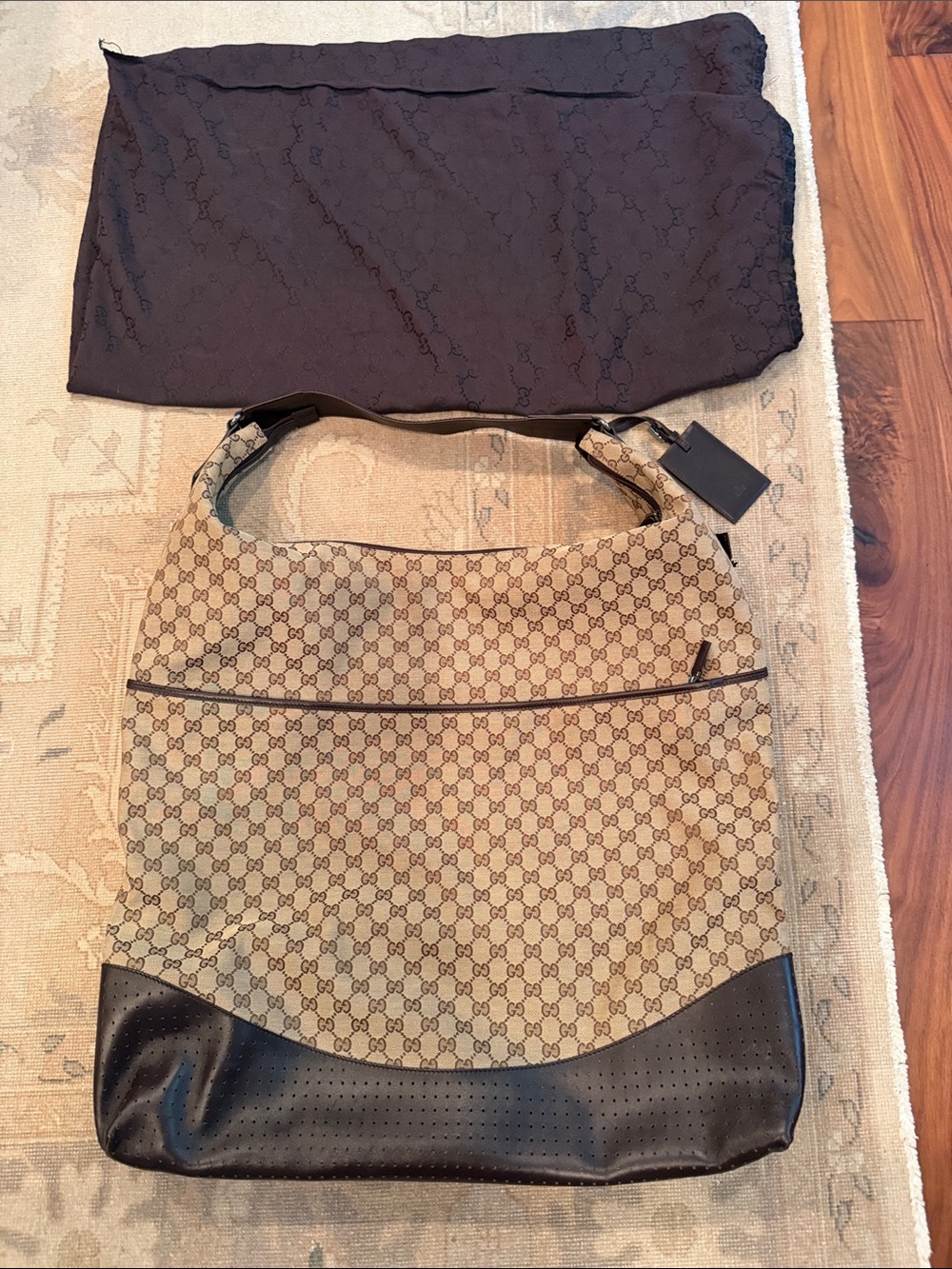 Gucci Beige Monogram Canvas Shoulder Bag with Brown Leather Base